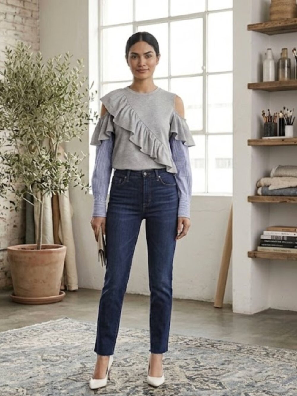 DO+BE Cold Shoulder Ruffle Pinstripe Top Small NWOT
